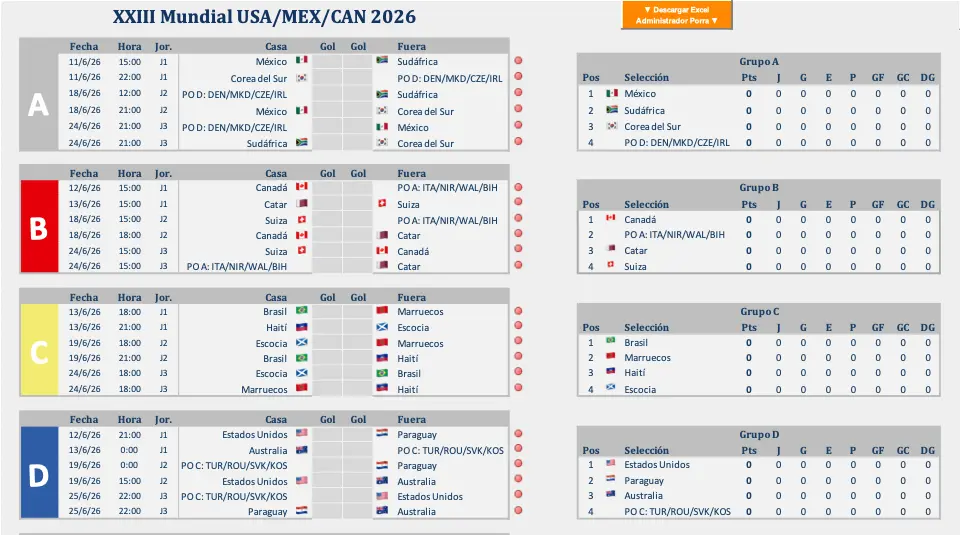 World Cup 2026 Excel Schedule, Office Poool